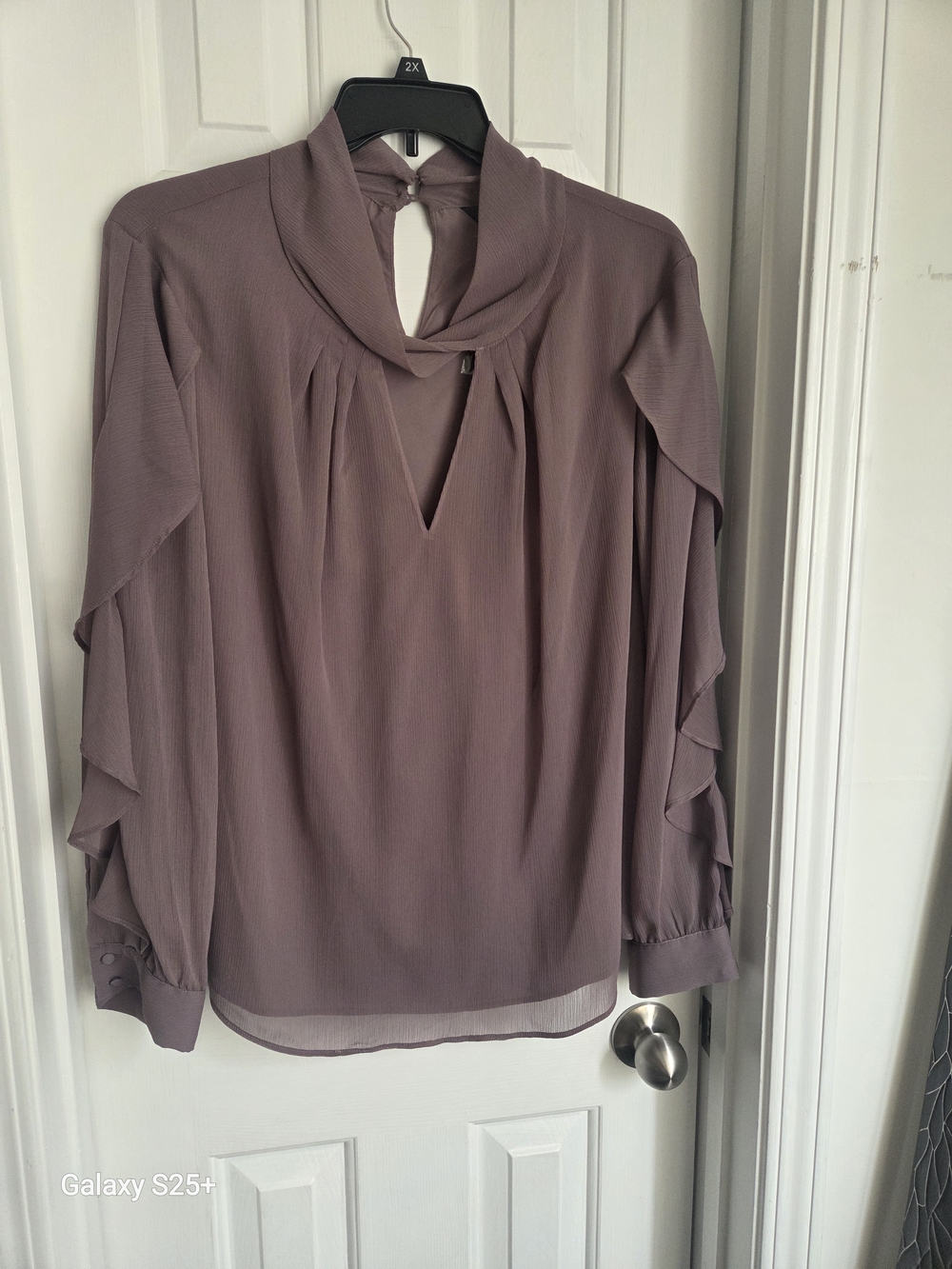 The Limited Dry Plum Ruffle Sleeve Keyhole Blouse